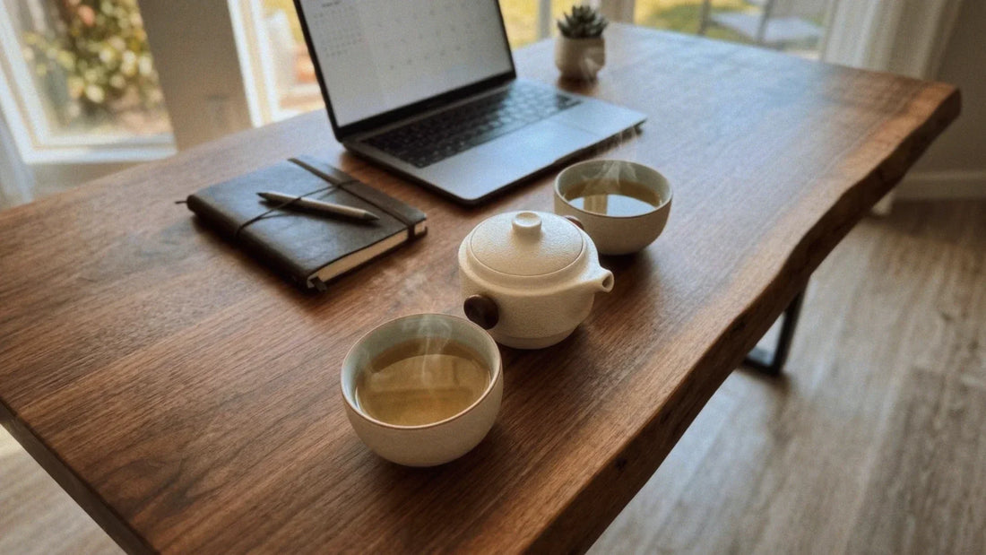 Gongfu tea brewing setup with gaiwan and cups on a wooden desk beside a laptop