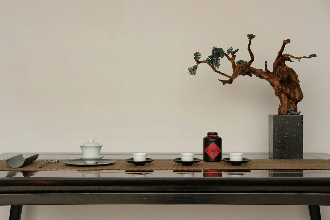 Green tea gongfu tea set on wooden table for summer tea ritual
