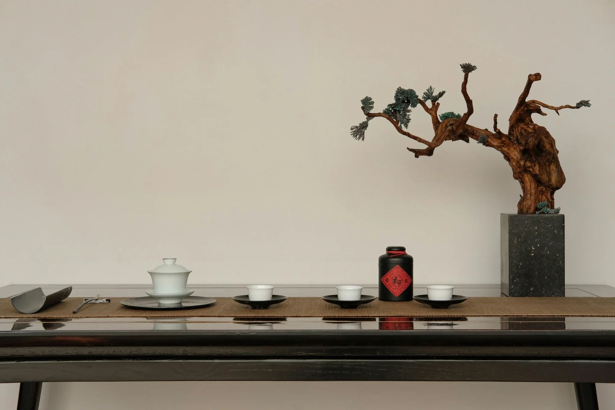 Green tea gongfu tea set on wooden table for summer tea ritual