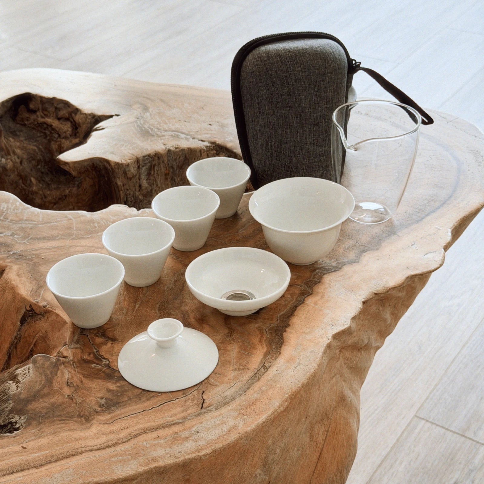 gaiwan tea ceremony set with travel case and 4 cups on live edge wood table