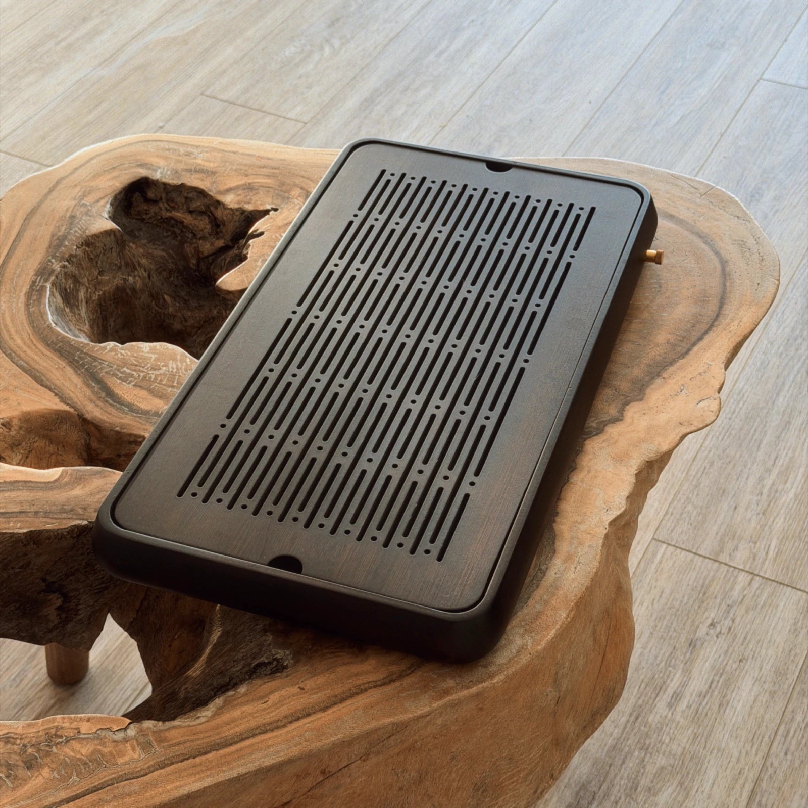 Black chaban tea tray large size on natural live edge wooden table