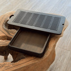 Large black tea tray chaban top view showing extended drainage grid pattern