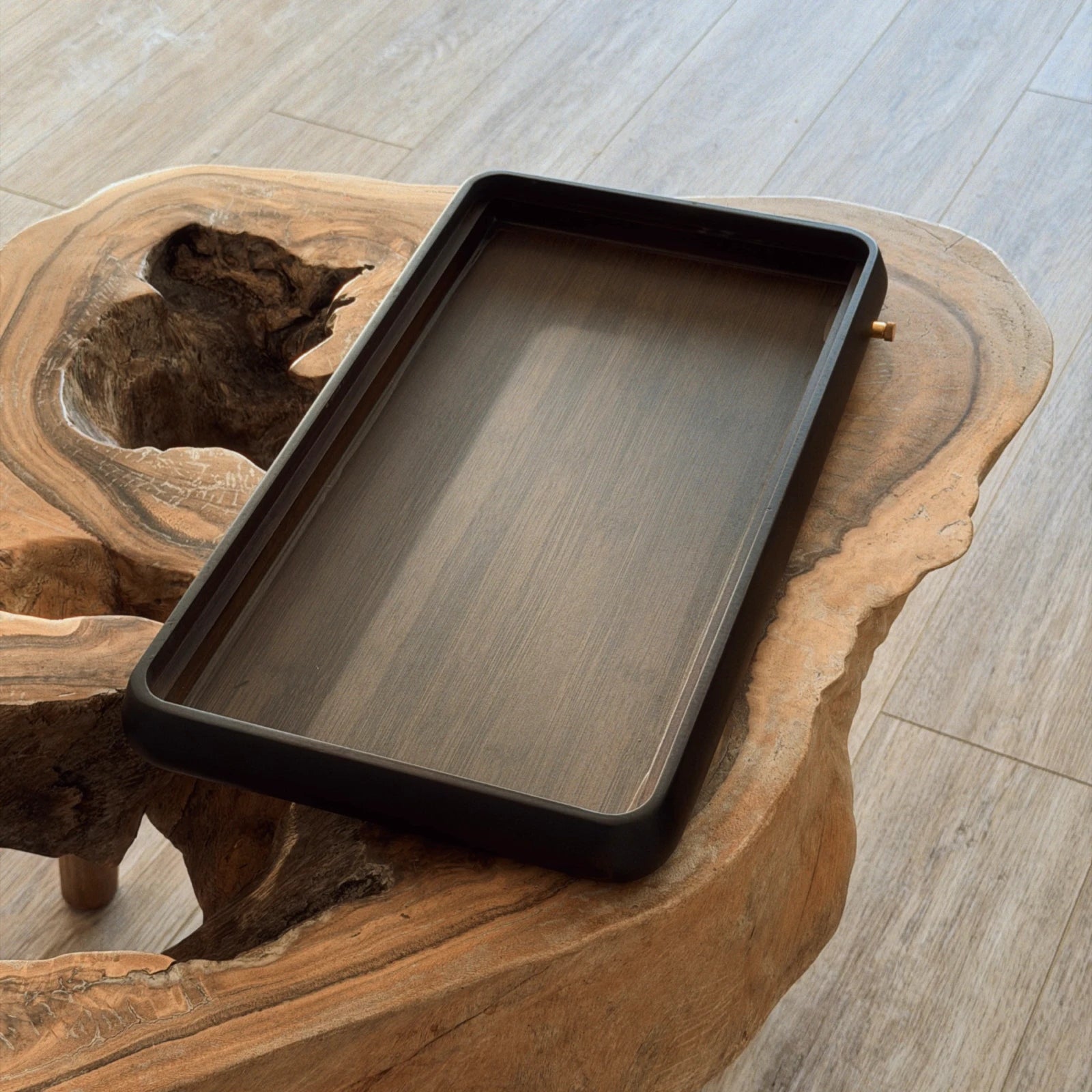 Black chaban tea tray large side view showing deep reservoir and wide surface