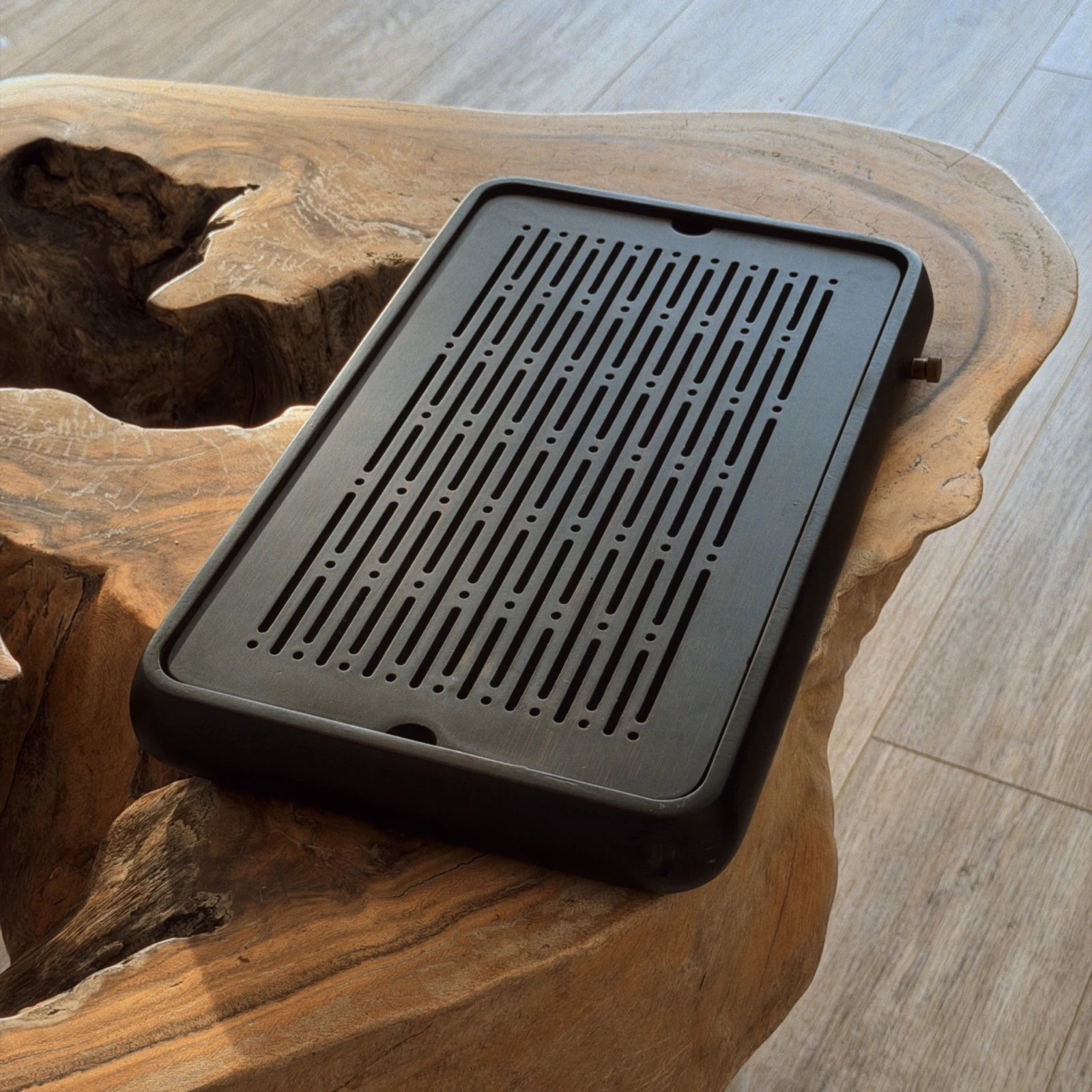 Black chaban tea tray medium size on natural live edge wooden table